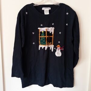 Vintage 90s Christmas Embroidered Long Sleeve Shirt Womens L‎ Snowman Winter